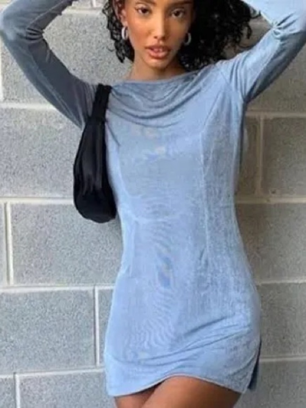 Lioness revolve fitted mini dress open back long sleeve shimmery blue gray xxs